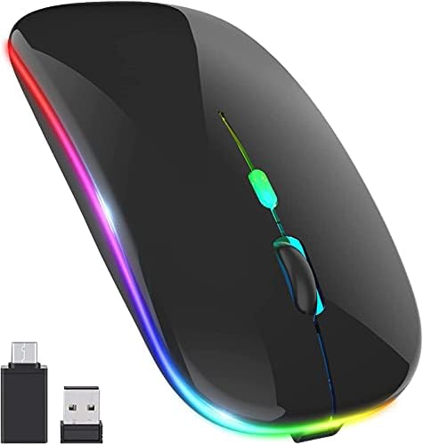 Minos LED Wireless Mouse, Rechargeable Slim Silent 2.4G Portable Mobile Optical Office Mouse with USB & Type-c Receiver, 3 Adjustable DPI for Notebook, PC, Laptop, Computer, Desktop (Black)