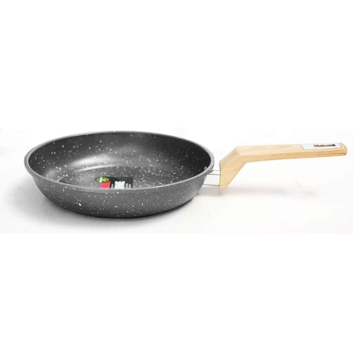 Granite Stove Pan with Wood Handle Induction Non Stick Frying Pan - Creamy Wok Pan for Kitchen (26 cm - Black Long Hand)