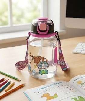 Kids Water Bottle, Transparent with Pink Lid, Carrying Strap, Cartoon Funny Design, Suitable for School Dollar Import Houseware