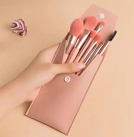 Professional Makeup Brush Set, 8 Pcs 4 Colors (Purple/Blue/Pink/Green) with Case, Bio Fiber, Thickened Metal Tube (Pink)