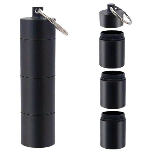 MySouq-Store 1PC Portable Aluminum Survival Waterproof Pill Box Container Medicine Storage Case First-Aid Bottle With Key Ring Travel Kits ٍ 3Rooms - Black 9Cm-Long