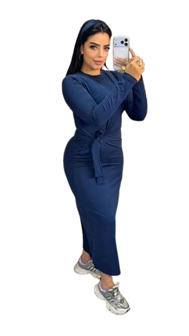 Maxi Dress for Women and Girls long Sleeve Round Neck with Built-in Belt, Cotton