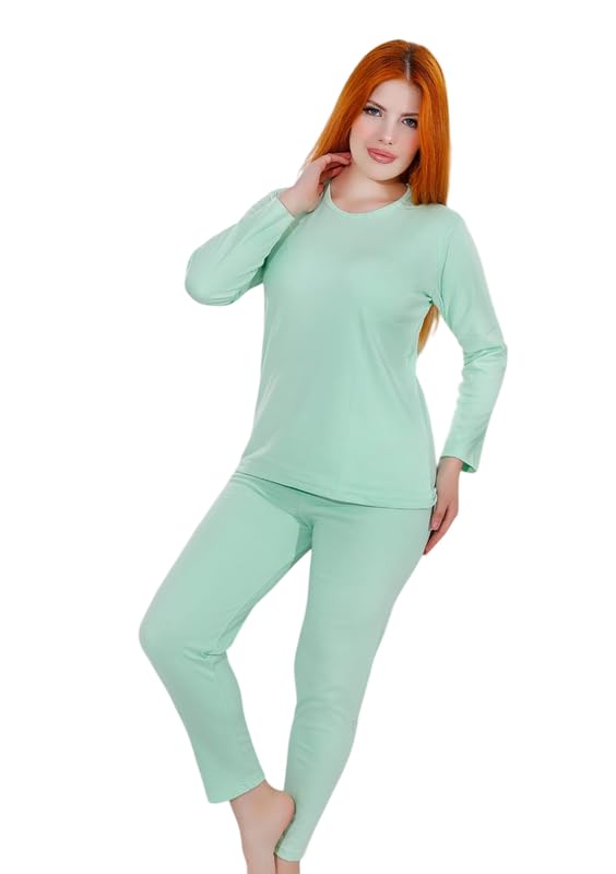 Women's Thermal Pajama Set by Na3om - Soft Cotton Interlock Winter Warm 2 Piece Long Sleeve Loungewear, Comfortable Sleepwear Top & Pants, Size XL-5XL