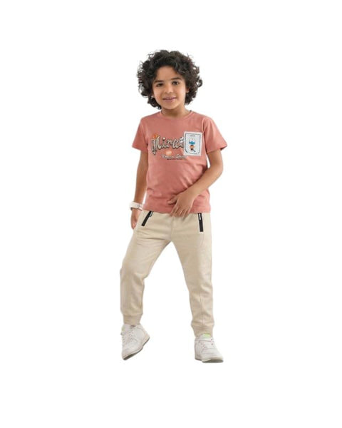 Buongiorno Boys Cotton T-shirt & Pants Set, Cashmere & Beige, 100% Cotton, Kids Casual Wear