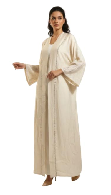 Zeeline Tamara Viscose Beaded Kaftan for Women - Elegant Open Front Abaya with Embroidered Bell Sleeves, Modest Maxi Kimono Overgarment