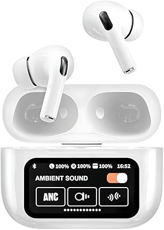 NEW A9 Pro Touch Screen B0D4J7JMVL- ANC 5th Generation Wireless Earbuds with Active Noise Cancellation, 5.4 Hours Playtime, 15m Range k18, White