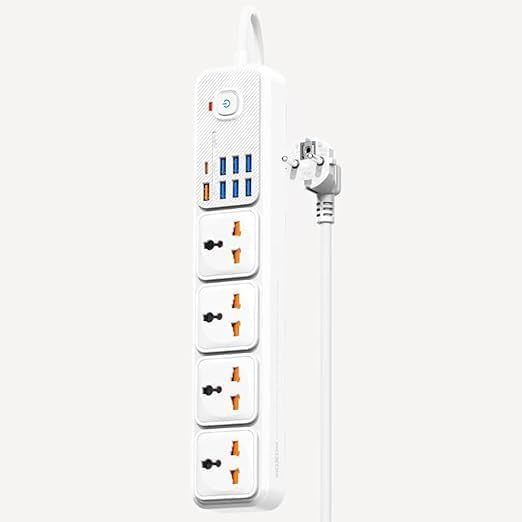V VOLT Power Strip 12 in 1 20W with 4 Electrical Outlets, 7 USB Ports, 1 Type-C PD Port with Master Control and One Switch – 20W, Cable Length 3 Meters(White)