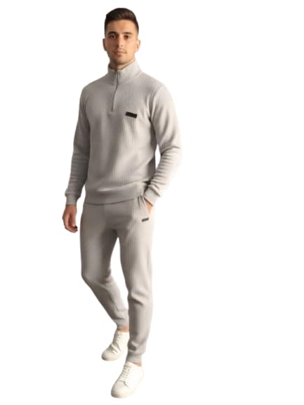 Trung Men's Winter Ribbed Knit High Collar Short Zipper Casual Comfortable 2 Piece Sport Set (Sweatshirt & Pants), Perfect for Warmth and Everyday Style.