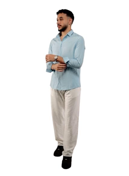 Long Sleeve Linen Shirt, Avaliable in Baby blue and Beige colors, Casual Button-Down Style