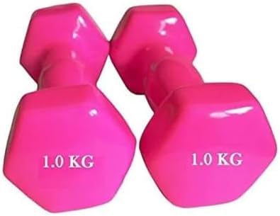 Vinyl Coated Hex Dumbbells, 1 KG Each, Set of 2, Pink, Non-slip Grip