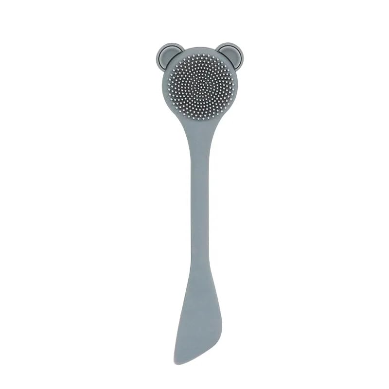 Nopatia Dual Silicone Facial Care Tool, Exfoliating Cleansing Brush with Spatula for Mask and Creams, Cute "Bear" Design for Complete Healthy Beauty Routine (Grey)