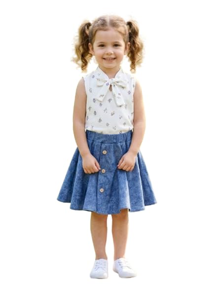 Girls Fashion Casual Set - Floral Tie Neck Blouse with Elastic Waist Denim Skirt and Buttons - 2 Piece Set for Kids