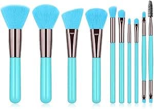 10 PCS Professional Makeup Brush Set - Premium Synthetic Flat Foundation, Blush, Make-up Brushes (Blue)