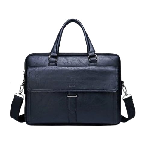 Business Men Briefcase - Leather Handbag & Shoulder - Fits 15.6 Inch Laptop - Adjustable Strap - Black