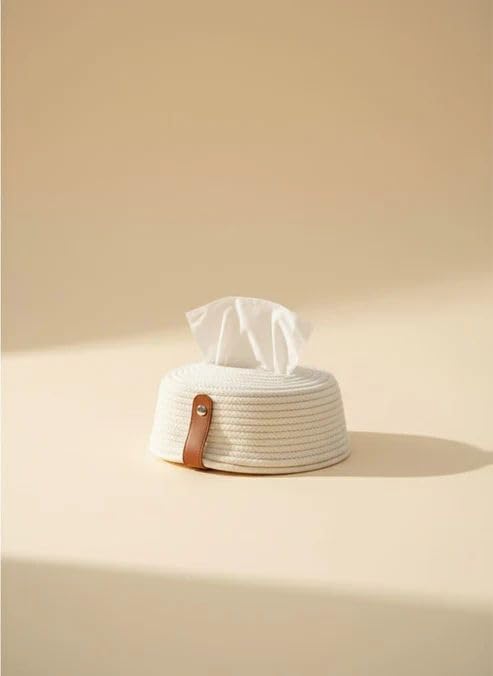 CasaHome Woven Rope Tissue Box Cover, Cotton Top-Dispensing Tissue Holder with Leather Tab, Minimalist Scandinavian Style, Ivory Cream