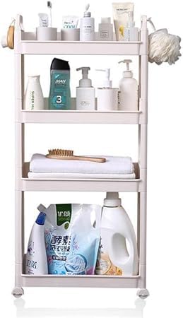 Turbo Organizer 4 Tier Shelves for Kitchen and Bathroom, Plastic White and Beige,Tower Vertical Shelves Space Saving for Organizing and Storing Kitchen and Bathroom Supplies,Movable with Wheels