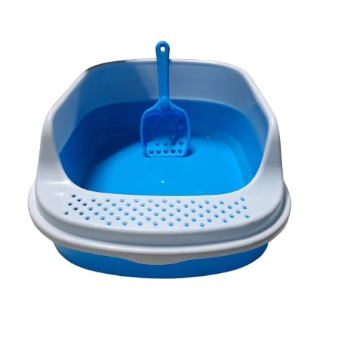 Cat Litter Box with Matching Scoop (Light Blue & White, Round)