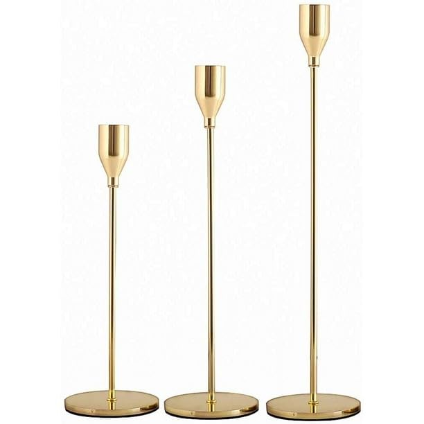 Downtown 3-Piece Gold Candle Holders Set, Decorative Taper and LED Candle Stands for Parties and Dining, Elegant Metal Candle Displays for Weddings, Events and Home Table Decoration