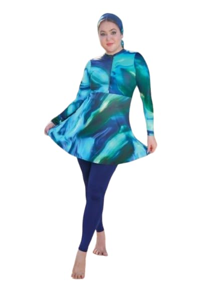WK.28 Women's Burkini Swimsuit - 3 Piece (Dress + Pants + Turban) Fashion Practical Modest Swimwear