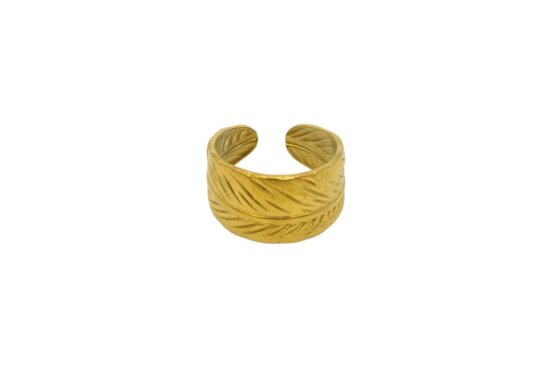 Stainless Steel Wide Band Adjustable Feather/Leaf Ring for Women – Gold