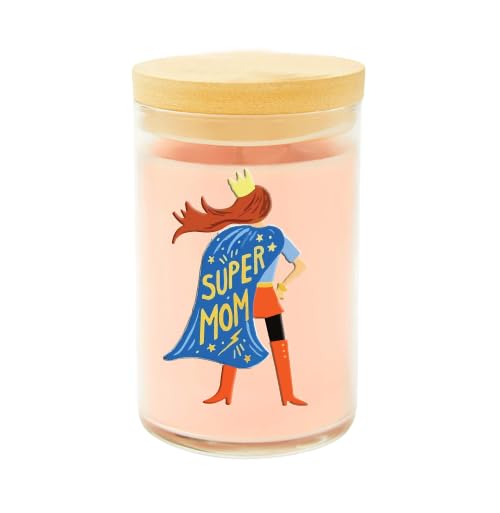 Scented Candle with Super Mom Design, Pink, Glass Jar with Wooden Lid, Mother's Day Gift