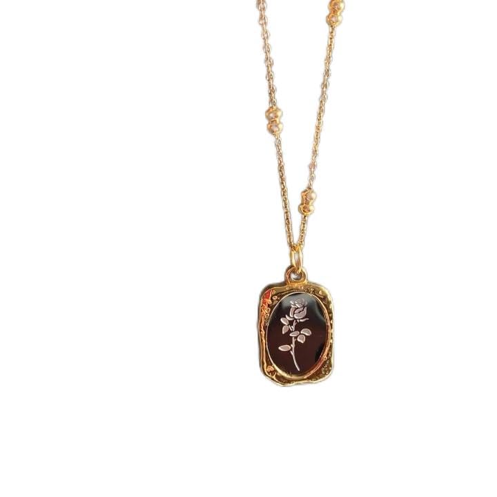 Vintage Gold Rose Flower Pendant Necklace for Women Stainless Steel with Metal Tulip Chain Jewelry Gift