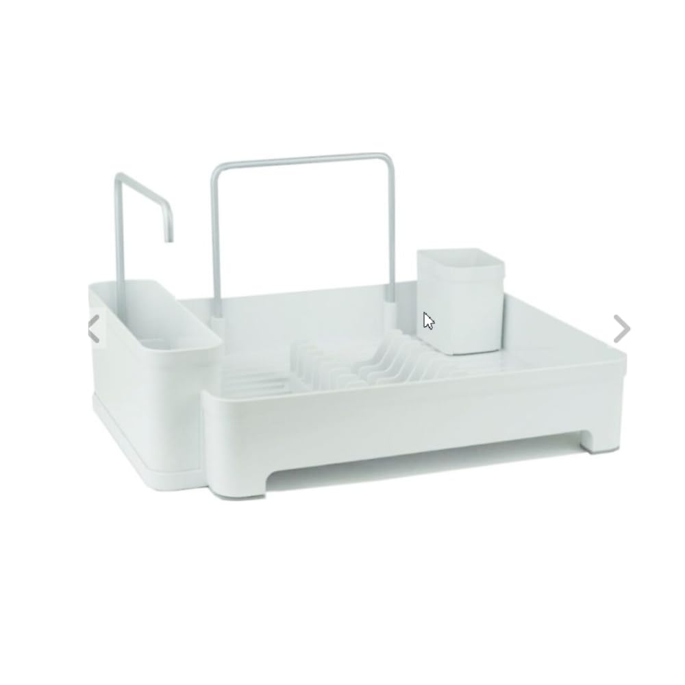 Primanova Plastic Dish Drainer, Can Hold 10 Plates, Comes with support Bar And Rotatable Cloth Hanger, Water Discharge Direction Can Be Adjusted, Sponge Detergent Chamber and Spoon Rest (White)
