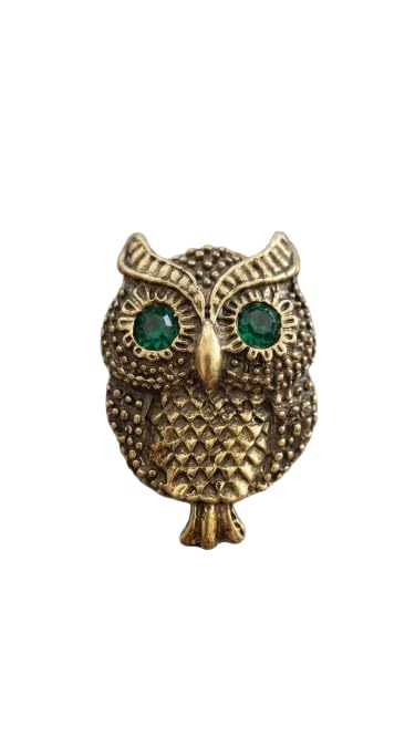 MySouq Store | Vintage Owl Brooch, Antique Metal with Three-Dimensional Contours, Fine Textures, Green Crystal Eyes, for Coats and Shawls