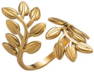 Stainless Steel Leaf Ring for Women Gold Color Open Adjustable Elegant Fashion