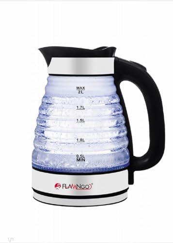 Flamingo Electric Kettle with Pyrex Zig Zag Body, LED Light, Stainless Steel Heater, 2 Liter Capacity, 1500 Watts (zigzag)