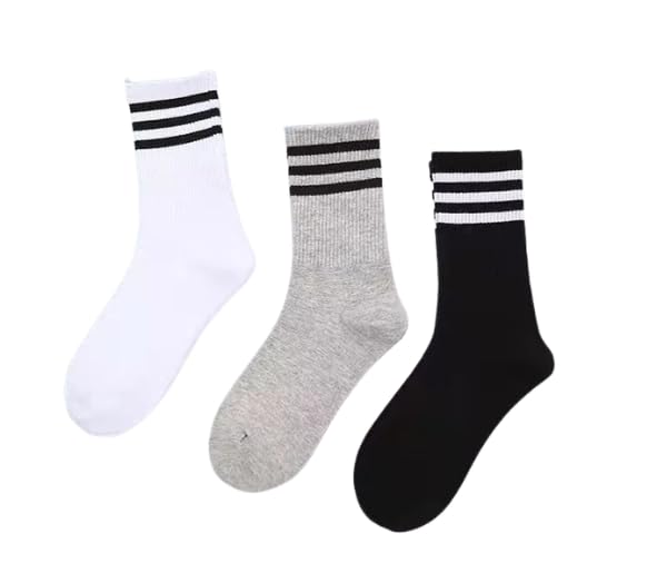 Pack of 3 Crew Socks, Soft Breathable Cotton Socks, Striped Design, Comfortable Everyday Wear, Pack of 3
