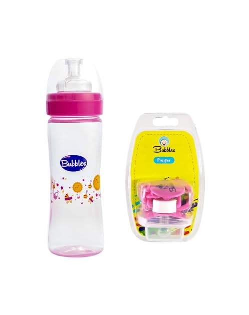 Bubbles Baby Set Classic Baby Bottle 270ml Pink + Pacifier With Chain Pink مجموعة بابلز للبيبي ببرونة كلاسيك 270مل بينك +سكاتة مشطوفة بالسلسلة بينك