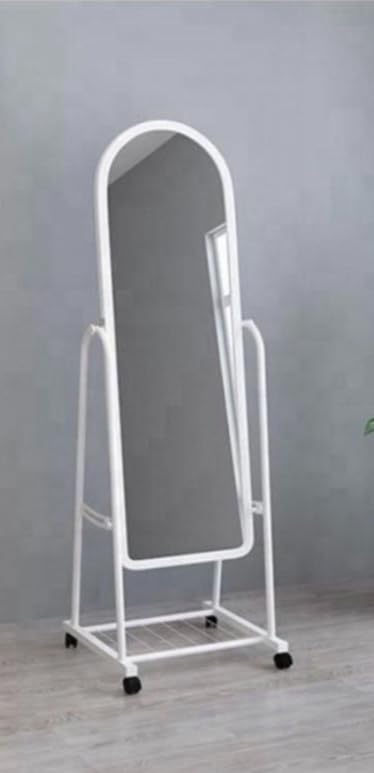 Moving Floor Mirror with Wheels, White Metal Frame, Full Length Mirror