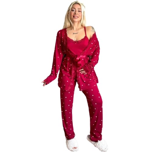 Women's 4-Piece points Print Pajama Set with Lace Trim & Butter Robe - Fit up to 75 KG