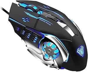 S20 Professional Gaming Mouse, RGB LED Light, 6 Programmable Buttons, Adjustable DPI, Ergonomic Design, Wired USB Connection, Compatible with PC and Laptop, Black with Blue Light