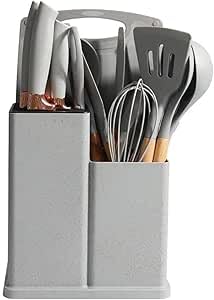 Kitchen Utensil Set, Heat Resistant Silicone Kitchen Utensil Set with Wooden Handle with Stainless Steel Knife Set 19 Pieces