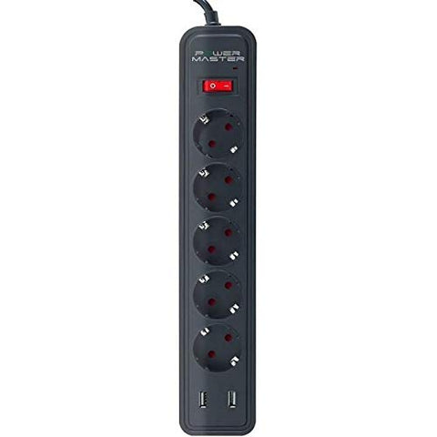 Powermaster 5 Socket Power Strip 2 USB Charge Output Current 2m