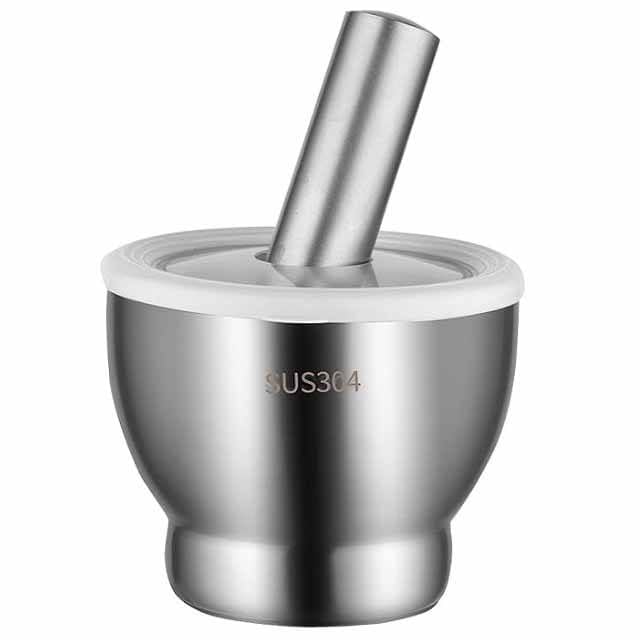 Mortar and Pestle Set 304 Stainless Steel with Silicone Lid Manual Garlic Crusher Spice Grinder Kitchen Tool