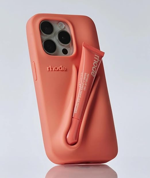 Multifunctional Silicone Phone Case with Lip Balm Holder for iPhone 15 Pro Max - Stylish Protective Cover with Integrated Lip Balm Slot & Original Optical Saver - Peach Pit