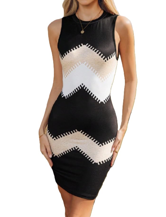 Women's Sleeveless Mini Dress, Geometric Pattern, Colour Block Design, Round Neck, Slim Fit