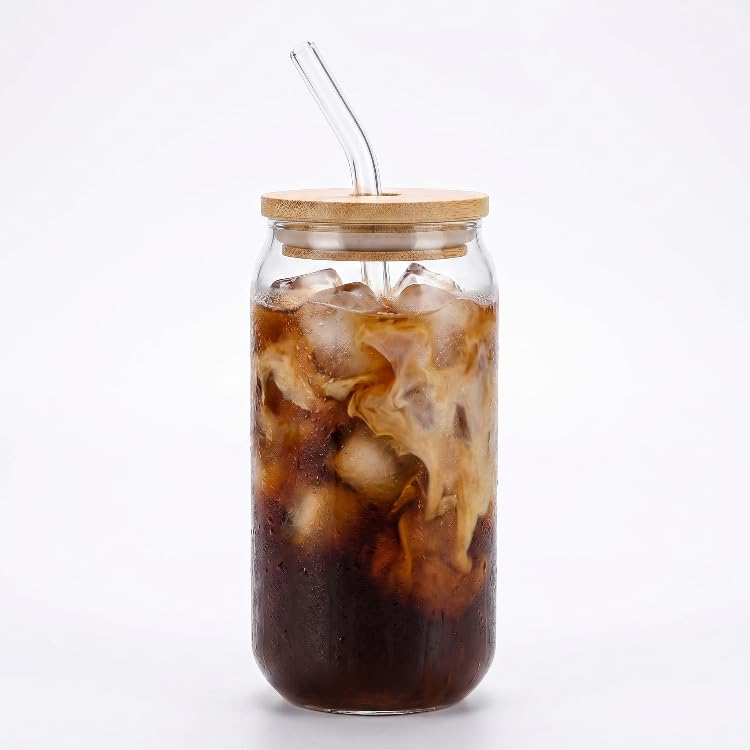 Borosilicate Glass Tumbler with Bamboo Lid and Straw - Reusable Can Shaped Mason Jar, Iced Coffee Cup, Heat & Cold Resistant Glass Mug, 500ml Drinking Glass for Coffee, Tea, Juice, Water & Smoothies