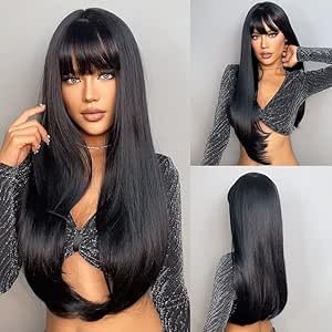 ECIF Black Wig with Bangs Long Straight Wigs for Women Heat Resistant Fiber Synthetic Wigs