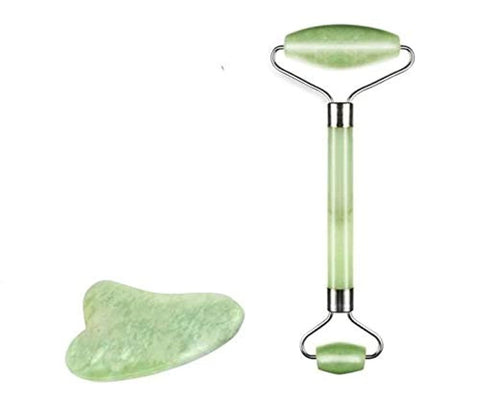 Jade Facial Rolling Stone and Gua Sha Scraping Tool Set Face Eye Neck Massager 2pcs