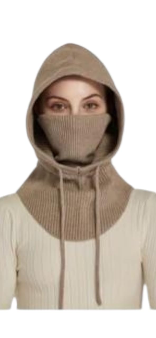 Beige Knit Hood Face Mask, Balaclava Design, Full Face and Neck Protection, with Drawcords
