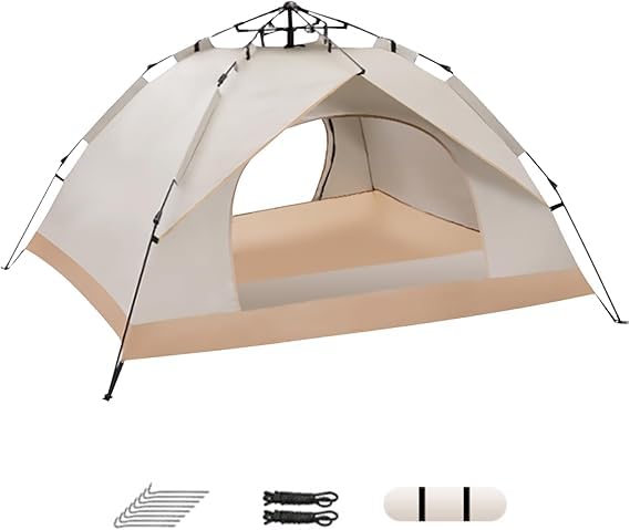 Generic 3-4 Person Automatic Pop Up Camping Tent, White, 210*240*135cm (Outer), 230*200*125cm (Inner), 3 Season, Waterproof, Fiberglass Poles, Free Standing, For Camping & Hiking