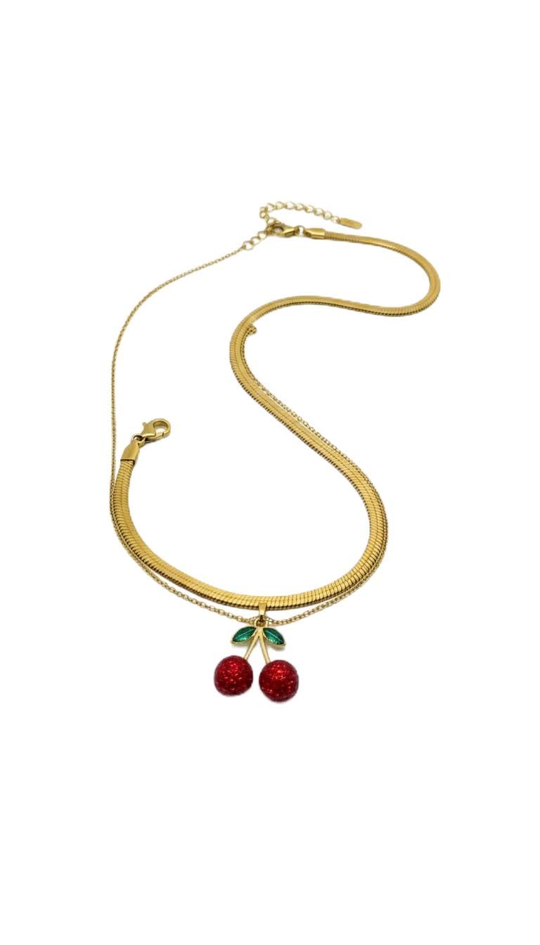 Gold Plated Double Snake Chain Necklace | Red Glitter Cherry Pendant Necklace Plus Snake Chain | Fashion Jewelry Waterproof Hypoallergenic