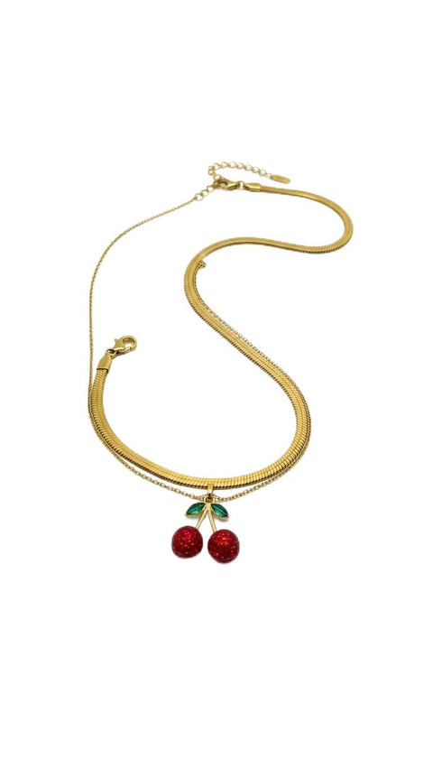 Gold Plated Double Snake Chain Necklace | Red Glitter Cherry Pendant Necklace Plus Snake Chain | Fashion Jewelry Waterproof Hypoallergenic
