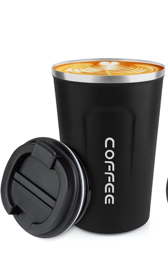 Downtown 14.5cm Insulated Stainless Steel Coffee Travel Mug, Spill-Proof Black Tumbler for Hot and Cold Drinks, Reusable Desktop Cup with Vacuum Insulation for Office and Commuting