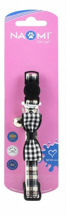 Naomi Cat Collar, Black Plaid Pattern, Nylon, Small, with Bell and Bow, Breakaway Buckle