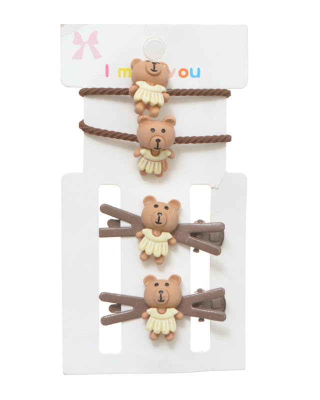 Hair Tuck Set Of 2 Clips And 2 Pieces Elastic Bear For Girls, Beige, DR-A-Bear-309